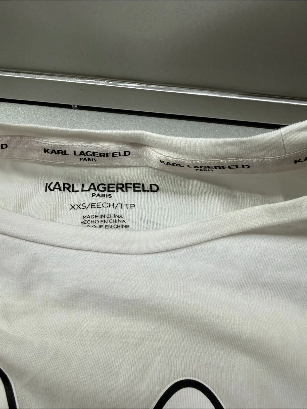 Karl Lagerfeld White Tee with Beige Cat Graphic and Pink Ear Accents